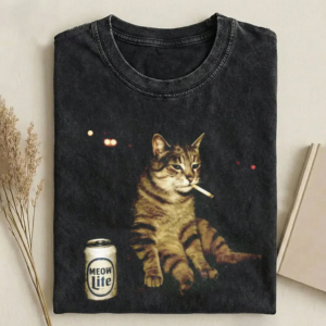 Funny Smoking Cat with Beer Meme T-shirt